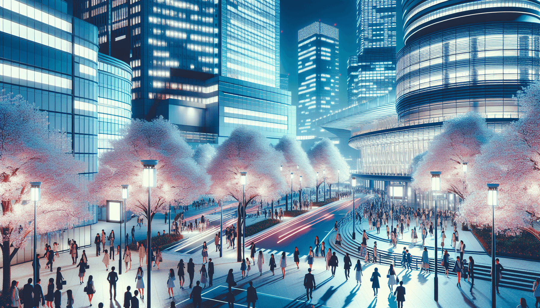 【有明】シンボルプロムナードの夜桜が満開!光の演出も開始